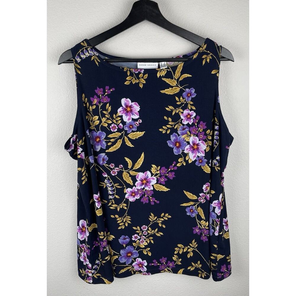 Susan Graver Tank Top Womens Size 1X Blue Sleeveless Floral Liquid Knit Stretch